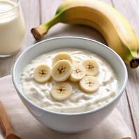 Banana yogurt bowl. Healthy breakfast. Macro photo, close-up. Colorful food illustrations for packaging design photo