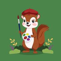 Squirrel Artist Paints With Colorful Palette in a Vibrant Green Setting vector