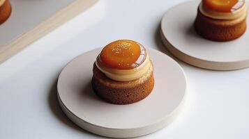 Three small desserts on white plates photo