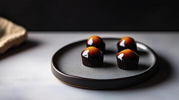 Four chocolate covered candies on a plate photo