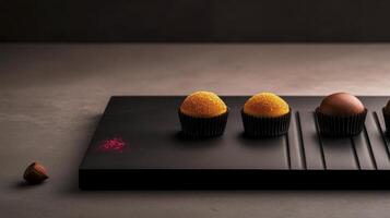 Four chocolate eggs are on a black tray photo
