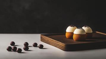 Three chocolate covered eggs sit on a wooden tray photo