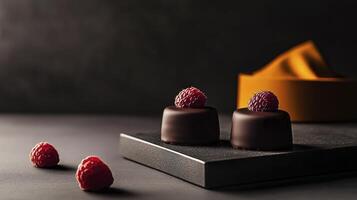 Chocolate truffles with raspberries on a black tray photo