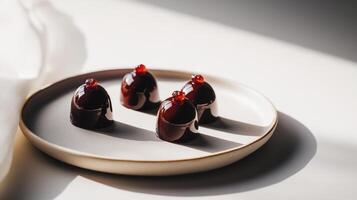 Three chocolate covered candies on a white plate photo