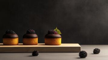 Three small cakes with blackberries on a wooden board photo