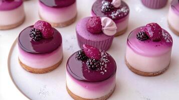 A plate of desserts with purple frosting photo
