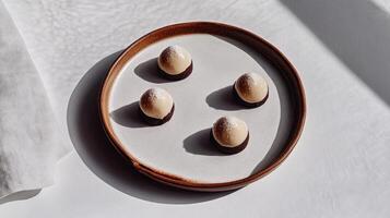 Four chocolate covered eggs sit on a white plate photo