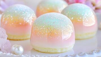 Rainbow jelly donuts with pink and white frosting photo