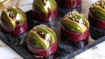 A plate of chocolate covered in green leaves photo