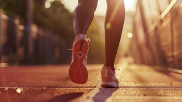 A person running on a track with the sun shining photo