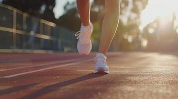 A person running on a track with their shoes on photo