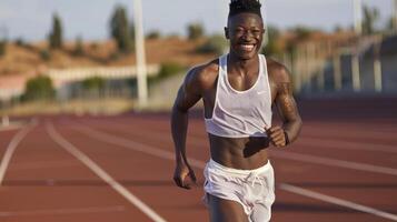 A young man is running on a track photo