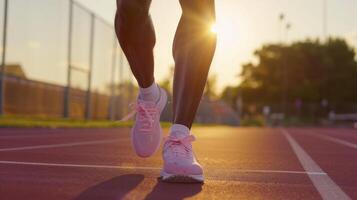 A person in pink shoes running on a track photo