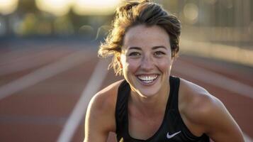 A woman is smiling on a running track photo