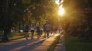 Group of people running in the park at sunset photo