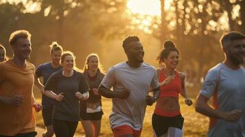 A group of people running together in the sun photo