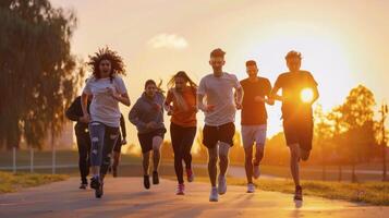 A group of people running in the sunset photo