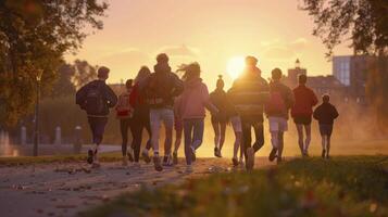 A group of people walking in the park at sunset photo