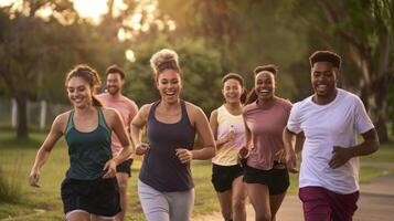 A group of people running together in a park photo