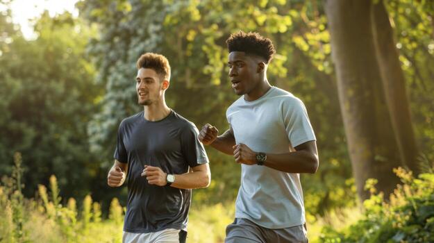 Two men running in the park photo
