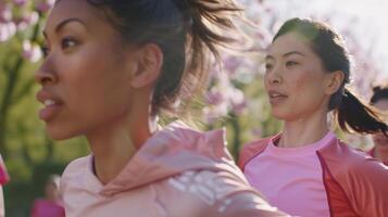 Women running in pink shirts and running in the park photo