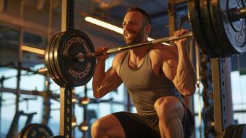 A man squats with a barbell in a gym photo