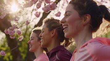 Three women are running together in the sun photo