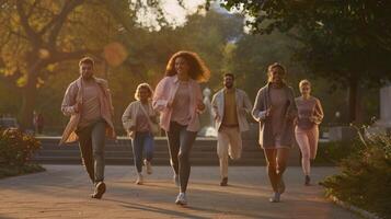 A group of people running in a park photo