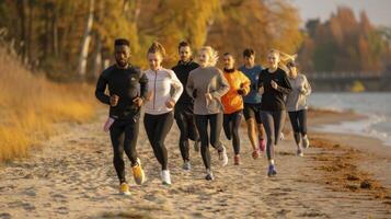 A group of people running on the beach photo