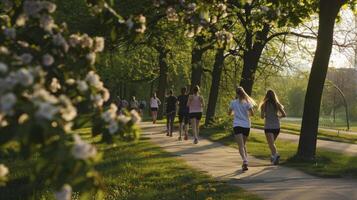 A group of people running on a path photo
