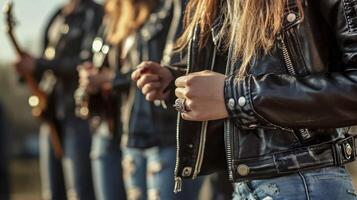 A group of people wearing leather jackets and jeans photo
