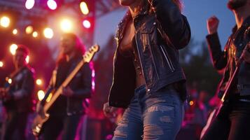 A woman in leather jacket and jeans singing on stage photo
