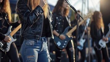 A woman in jeans and leather jacket singing into a microphone photo