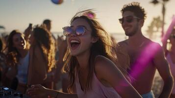 A group of people at a beach party with a dj photo