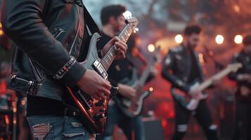 A group of people playing guitar in front of a band photo