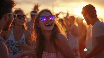 A group of people at a beach party with sunglasses on photo
