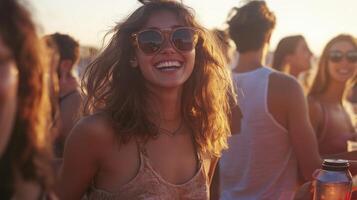A woman with sunglasses and a smile at a music festival photo