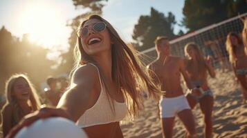 A woman in sunglasses is holding a volleyball ball photo