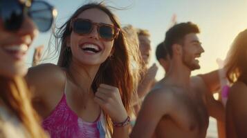 A group of people at the beach with sunglasses on photo
