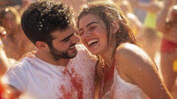 A man and woman are covered in red paint photo