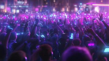 A crowd of people at a concert with neon lights photo