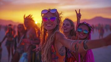 A group of people at a festival with their arms up in the air photo