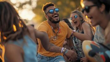 A man in sunglasses is dancing with other people photo