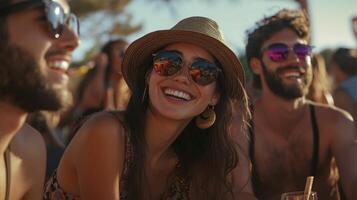 Three people smiling and wearing sunglasses at a music festival photo