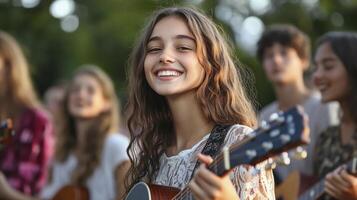 A girl is smiling while playing an acoustic guitar photo