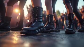 A group of people wearing black boots standing on a street photo