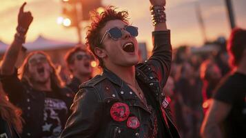 A man in a leather jacket and sunglasses is raising his arms in the air photo