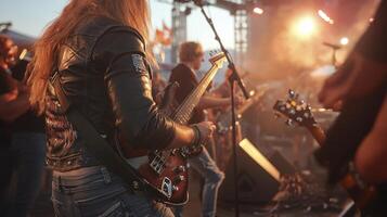 A group of people playing music at a concert photo