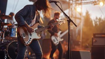 A man playing a guitar on stage at a music festival photo