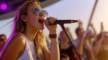 A woman in sunglasses singing into a microphone photo